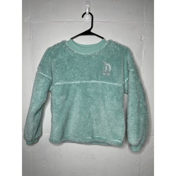 Disneyland Youth Medium Aqua Blue Green Tinsel Fuzzy Sherpa Fleece Spirit Jersey - Picture 1 of 6